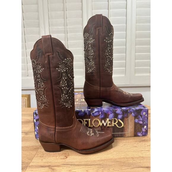 Wildflowers Bluebonnet Cedro Embroidered Cowboy Boots Brown Leather Size 7 NIB - Picture 2 of 16